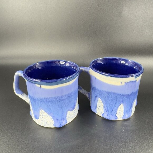 Vintage 1980s Blue Drip Glaze Pottery Coffee Mug Cup Set 2 Hand Made Stoneware - Picture 12 of 16